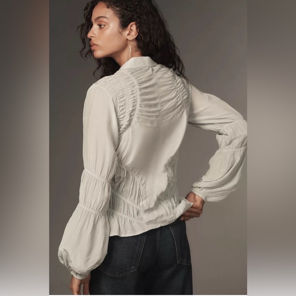 Anthropologie long sleeve shirred Cream Button-Down Shirt - Picture 3 of 8